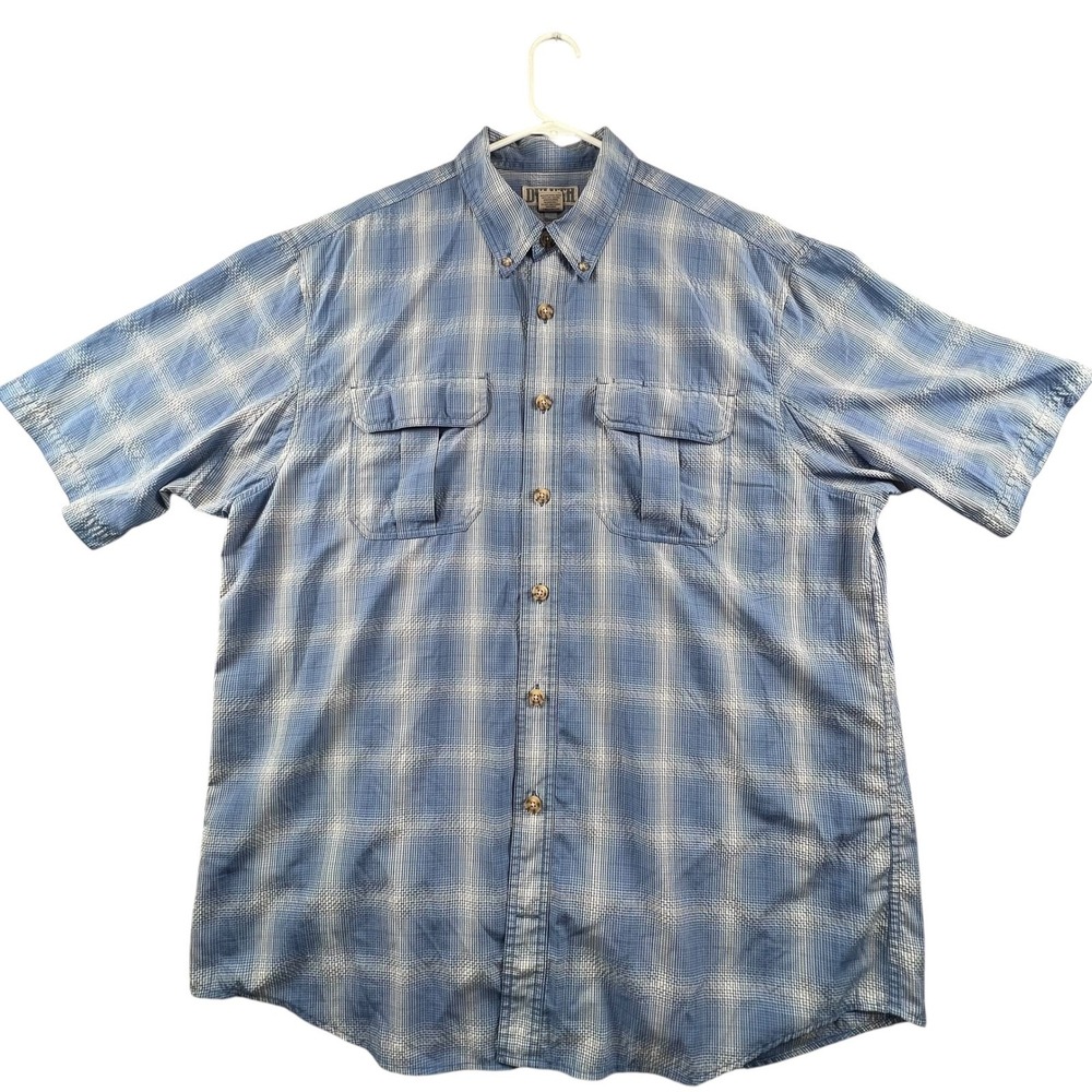 Duluth Trading Co Button Down Shirt Mens XLT Blue Plaid Short Sleeve Nylon Blend